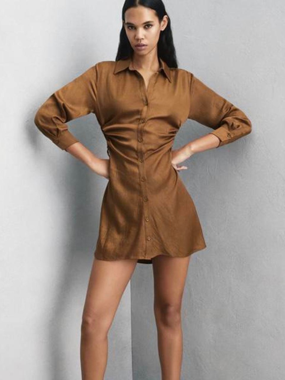 Zara Brown Satin Mini Shirt Dress Sz XS Side Cut-outs